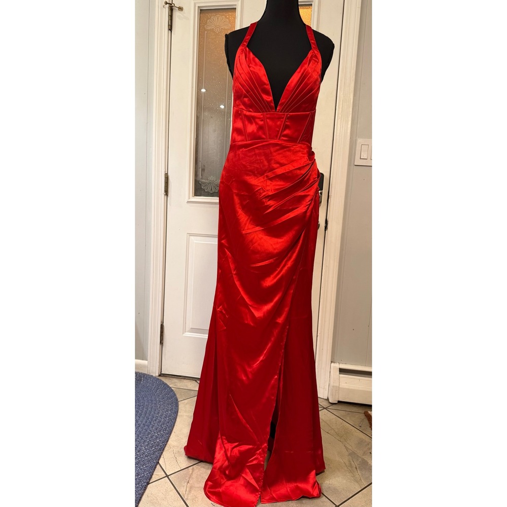 Fashion Nova Meet On Dancefloor Satin Maxi Dress Red MF21355 Size M